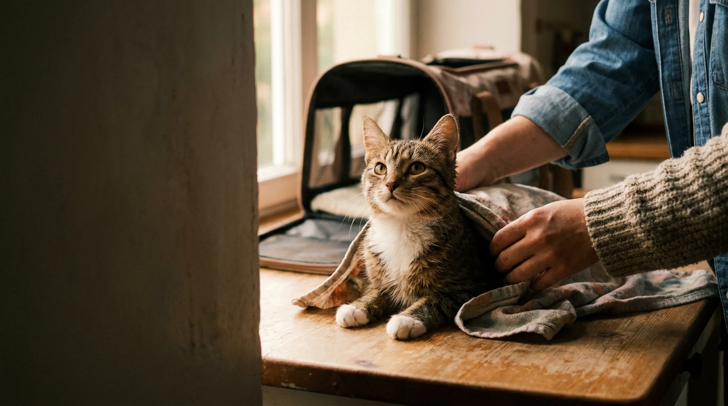 Two people wrapping a tabby cat in a towel at a kitchen table